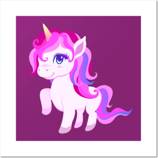 Cute Cartoon Unicorn Pink and Purple Posters and Art